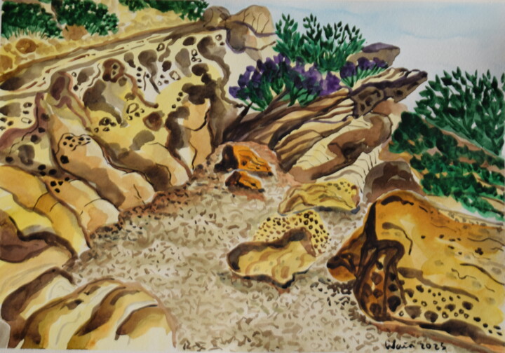 Painting titled "Rocky beach at Play…" by Kirsty Wain, Original Artwork, Watercolor