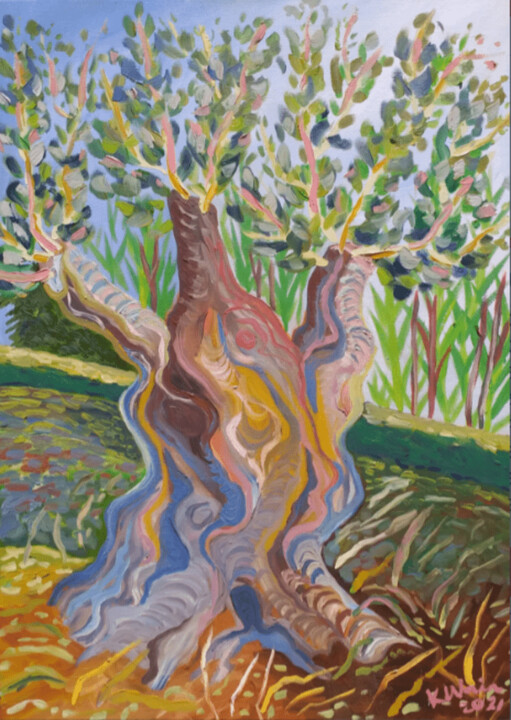 Painting titled "OLIVE TREE AT BAHIA…" by Kirsty Wain, Original Artwork, Oil Mounted on Wood Stretcher frame