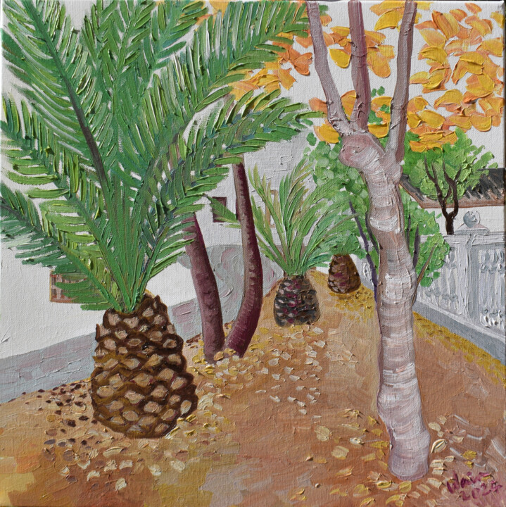 Painting titled "Palms in Calpe" by Kirsty Wain, Original Artwork, Oil Mounted on Wood Stretcher frame