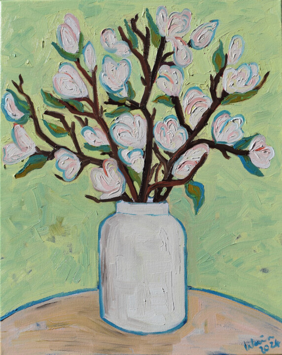 Painting titled "Magnolias" by Kirsty Wain, Original Artwork, Oil Mounted on Wood Stretcher frame