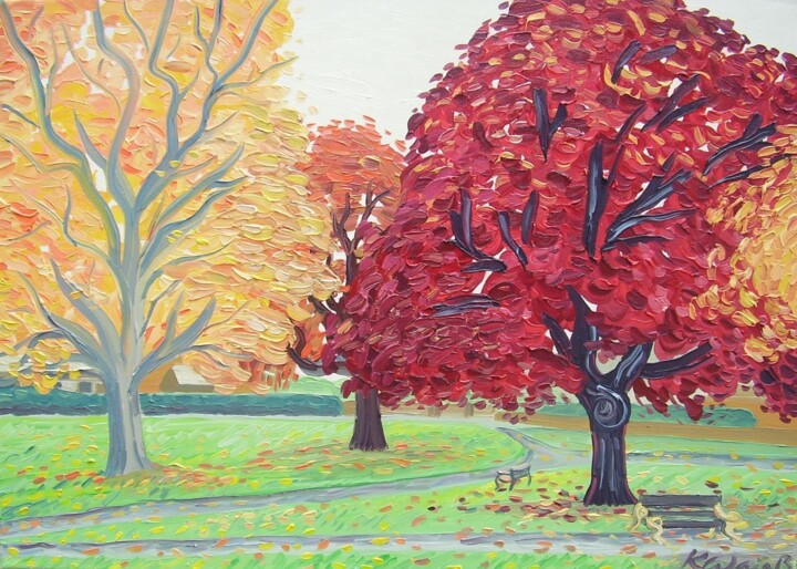 Malarstwo zatytułowany „Autumn Trees” autorstwa Kirsty Wain, Oryginalna praca, Olej Zamontowany na Drewniana rama noszy