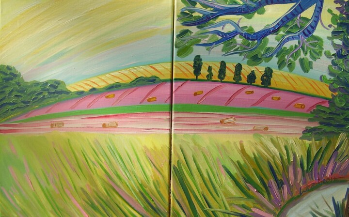 Painting titled "Summer meadows" by Kirsty Wain, Original Artwork, Oil Mounted on Wood Stretcher frame