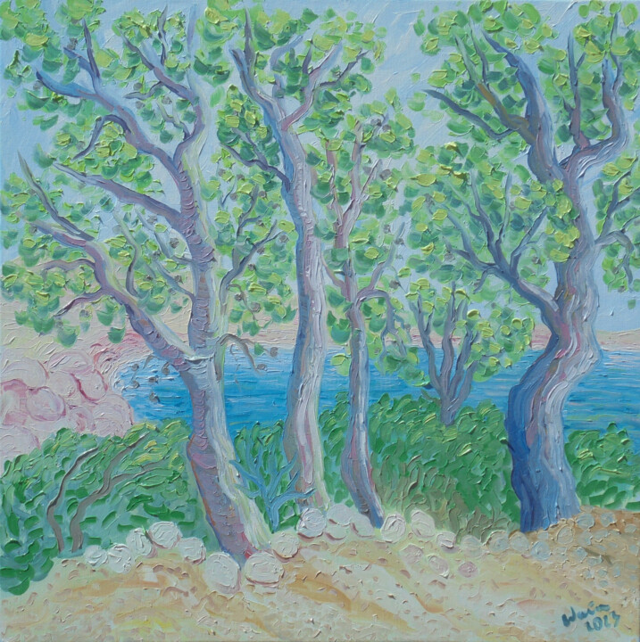 Malarstwo zatytułowany „Serra Gelada Pine T…” autorstwa Kirsty Wain, Oryginalna praca, Olej Zamontowany na Drewniana rama no…