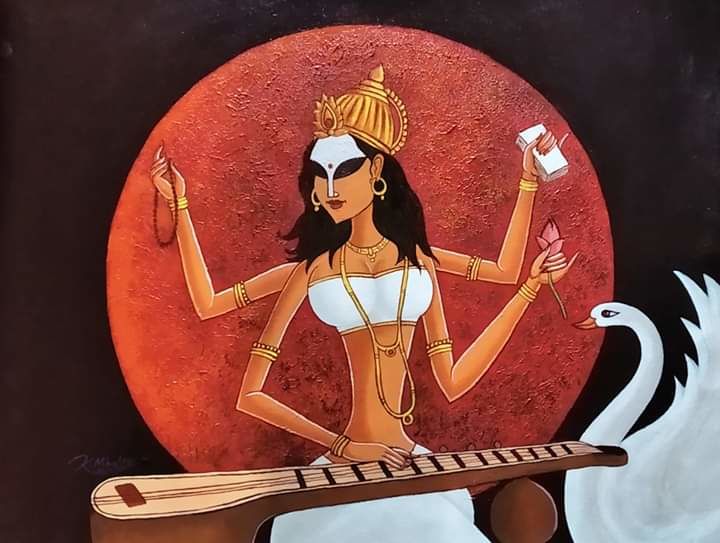 Painting titled "Saraswati" by Kirtiraj Mhatre Raj, Original Artwork, Acrylic