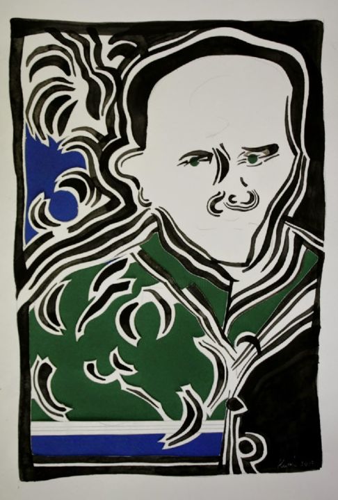 Drawing titled "Portrait with green" by Kirill Trana, Original Artwork, Ink