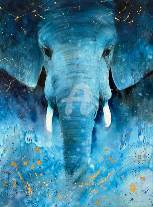 Картина под названием "Elephant Among the…" - Helen Kishkurno, Подлинное произведение искусства, Акварель