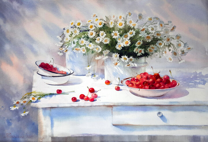 Schilderij getiteld "Still Life with Dai…" door Helen Kishkurno, Origineel Kunstwerk, Aquarel