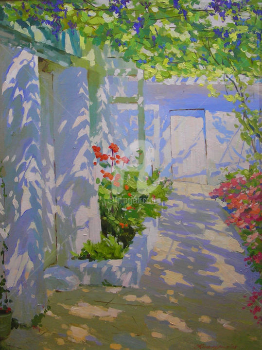 Painting titled "Tamara's Yard" by Helen Kishkurno, Original Artwork, Oil