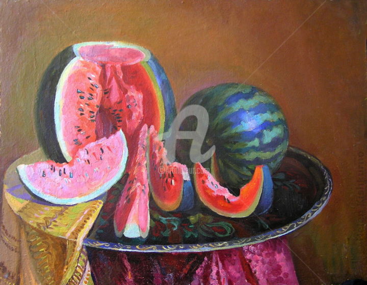 Painting titled "Still Life with Wat…" by Helen Kishkurno, Original Artwork, Oil