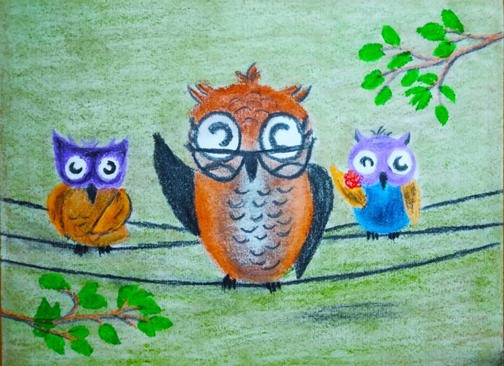 Painting titled "The Owl" by Kishore Bishoi, Original Artwork, Pastel