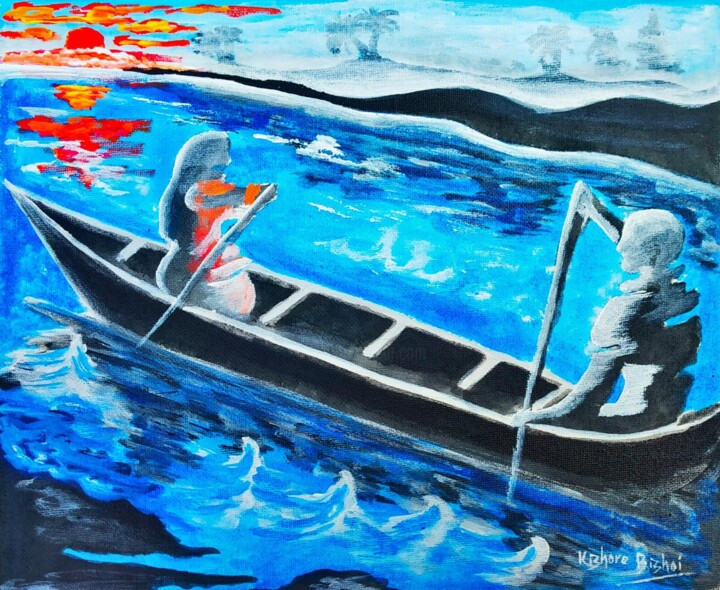 Schilderij getiteld "Chilika Tire" door Kishore Bishoi, Origineel Kunstwerk, Acryl