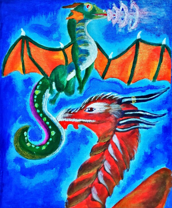 Schilderij getiteld "The Dragon" door Kishore Bishoi, Origineel Kunstwerk, Acryl