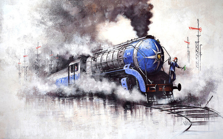 Ζωγραφική με τίτλο "Nostalgia of Steam…" από Kishore Pratim Biswas, Αυθεντικά έργα τέχνης, Ακρυλικό