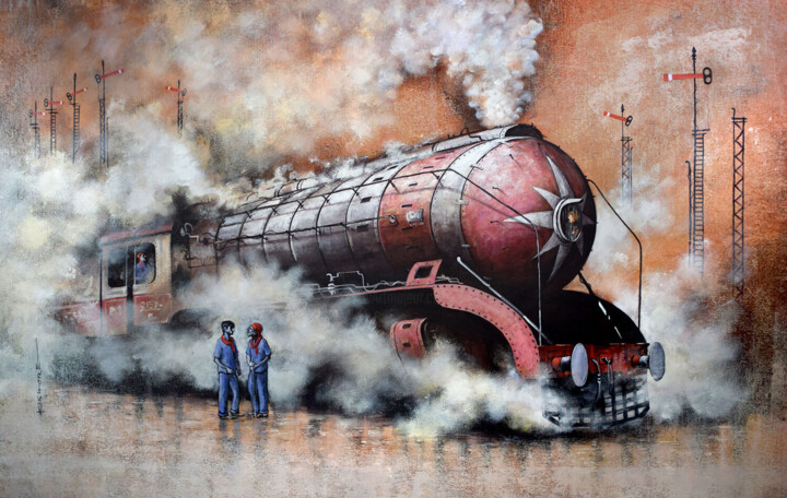 Painting titled "Nostalgia of Steam…" by Kishore Pratim Biswas, Original Artwork, Acrylic