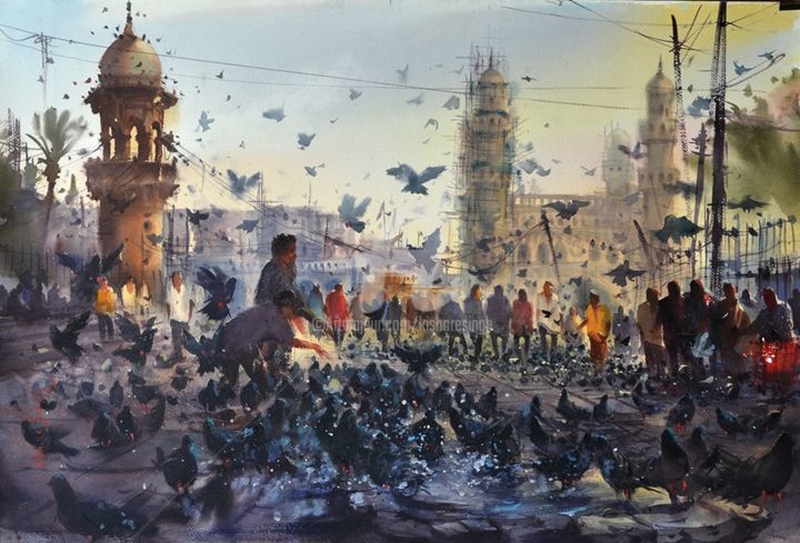 Schilderij getiteld "Feeding Pigeons at…" door Kishore Singh, Origineel Kunstwerk, Aquarel