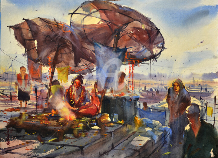 绘画 标题为“Ghat of Varanasi_03” 由Kishore Singh, 原创艺术品, 水彩