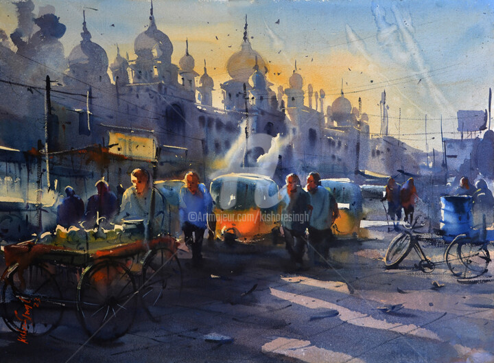 Pintura titulada "Early morning Old C…" por Kishore Singh, Obra de arte original, Acuarela