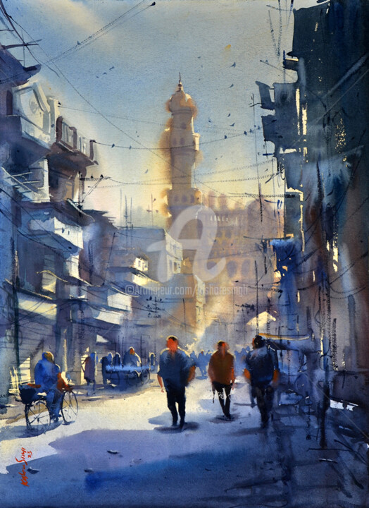 Schilderij getiteld "Laad_Bazaar Early m…" door Kishore Singh, Origineel Kunstwerk, Aquarel
