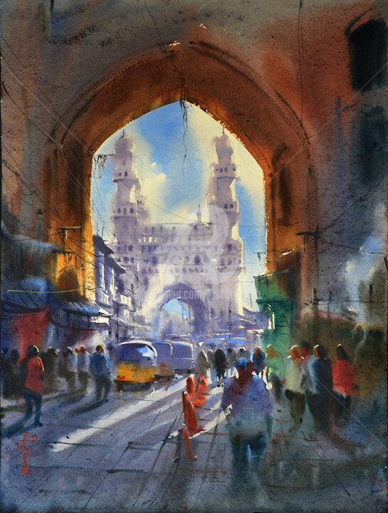 Painting titled "Early morning Chram…" by Kishore Singh, Original Artwork, Watercolor