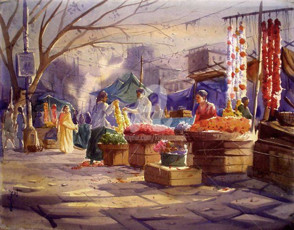 Peinture intitulée "Market11" par Kishore Singh, Œuvre d'art originale