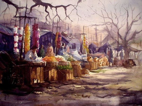 Painting titled "Market09." by Kishore Singh, Original Artwork