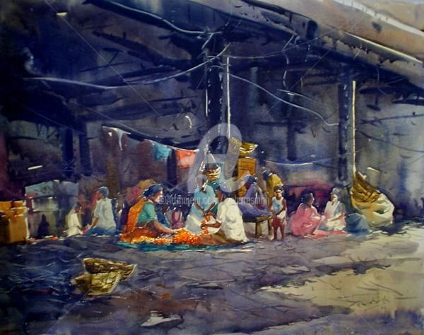 Painting titled "market28" by Kishore Singh, Original Artwork