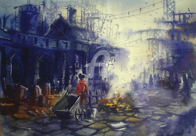 Pittura intitolato "cityscape04" da Kishore Singh, Opera d'arte originale