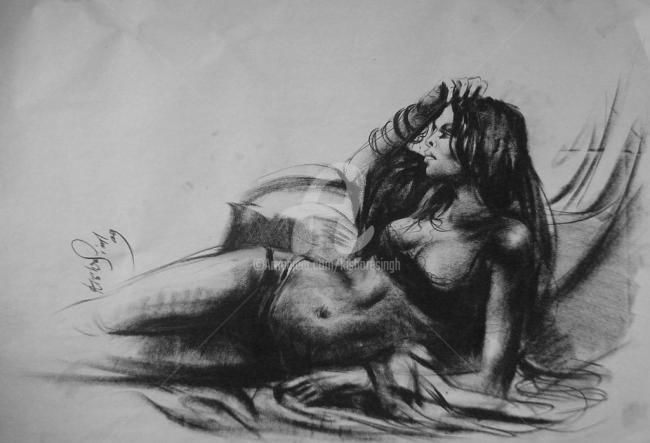Картина под названием "Nude_Pose13" - Kishore Singh, Подлинное произведение искусства