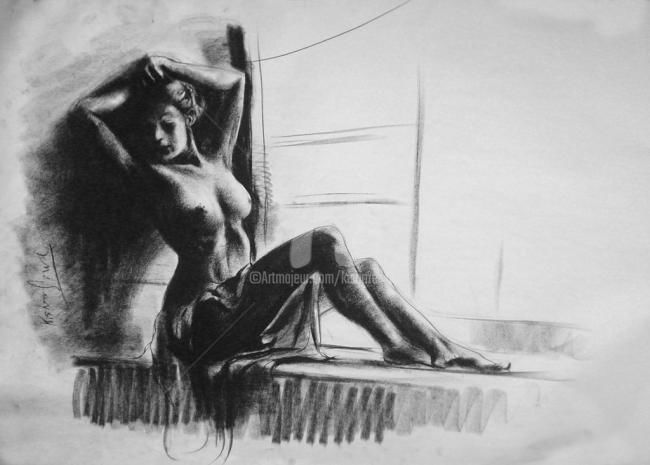 Painting titled "Crayons_Nude_Pose14" by Kishore Singh, Original Artwork