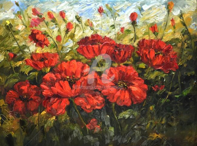 Painting titled "poppy flower" by Kishore Singh, Original Artwork, Oil
