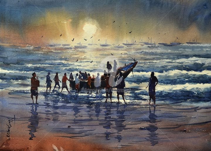 Ζωγραφική με τίτλο "pure-seabeach04.jpg" από Kishore Singh, Αυθεντικά έργα τέχνης, Λάδι