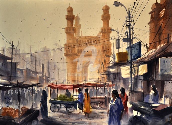 Painting titled "charminar-in-hydera…" by Kishore Singh, Original Artwork, Oil