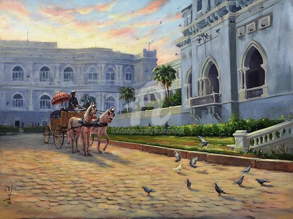 Painting titled "Taj Falaknuma Palac…" by Kishore Singh, Original Artwork, Oil