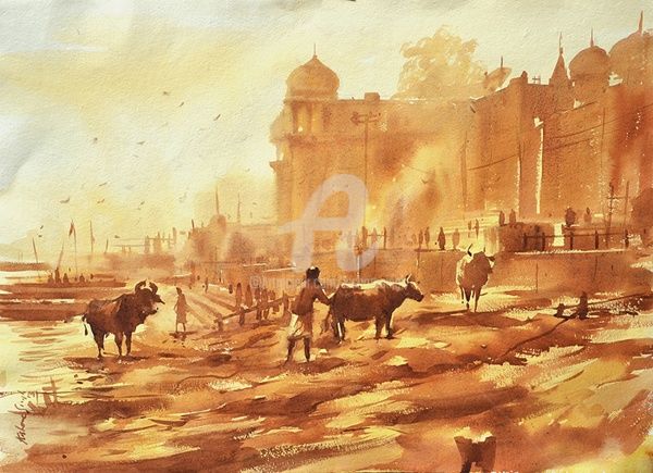 Peinture intitulée "Ghat of Varanasi.,I…" par Kishore Singh, Œuvre d'art originale