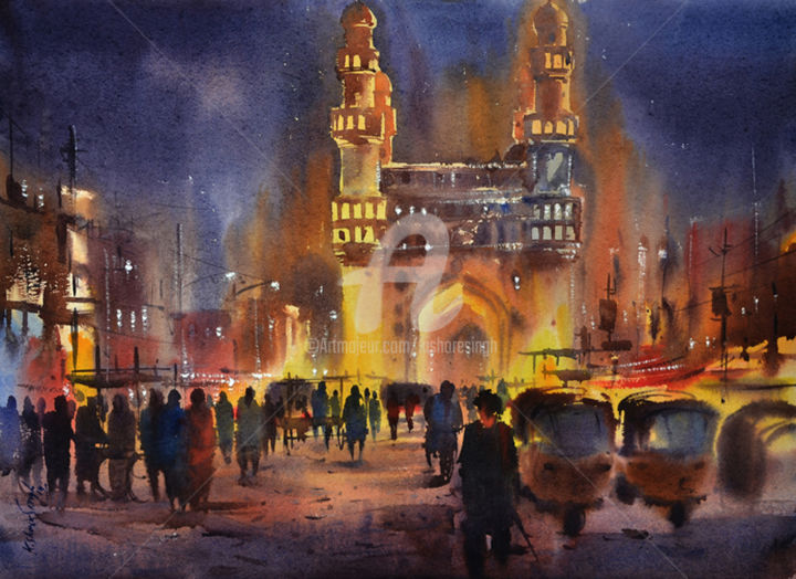 Painting titled "Charminar-night,Ind…" by Kishore Singh, Original Artwork, Watercolor