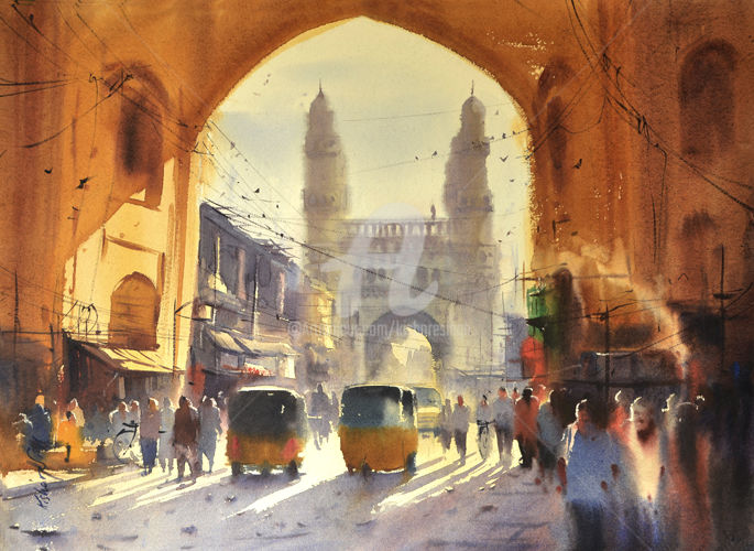 Painting titled "Hyderabad, a-lazy-h…" by Kishore Singh, Original Artwork, Watercolor