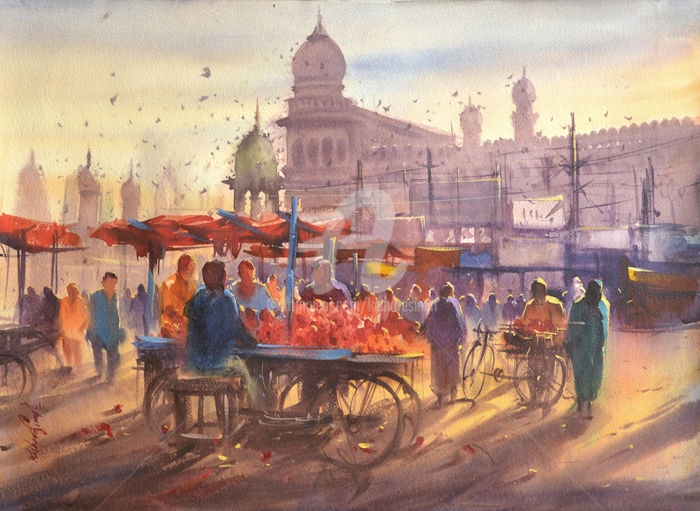 Painting titled "a hot summer mornin…" by Kishore Singh, Original Artwork, Watercolor