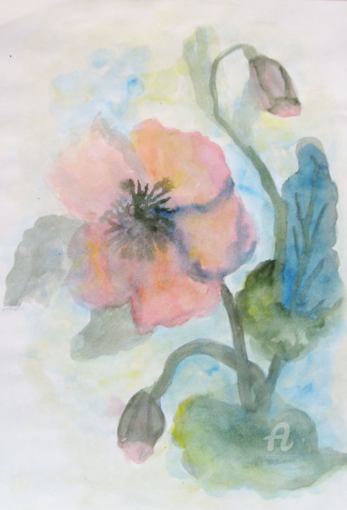 Painting titled "Poppy" by Natalia Kislitsa, Original Artwork, Watercolor