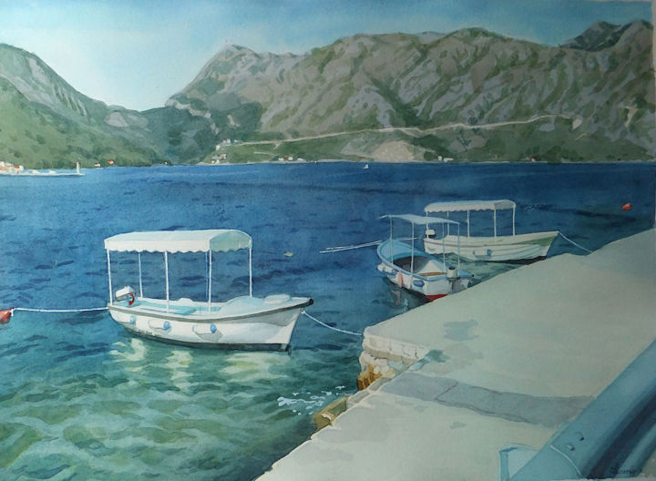 Schilderij getiteld ""Лодки"" door Elena Kizaeva, Origineel Kunstwerk, Aquarel