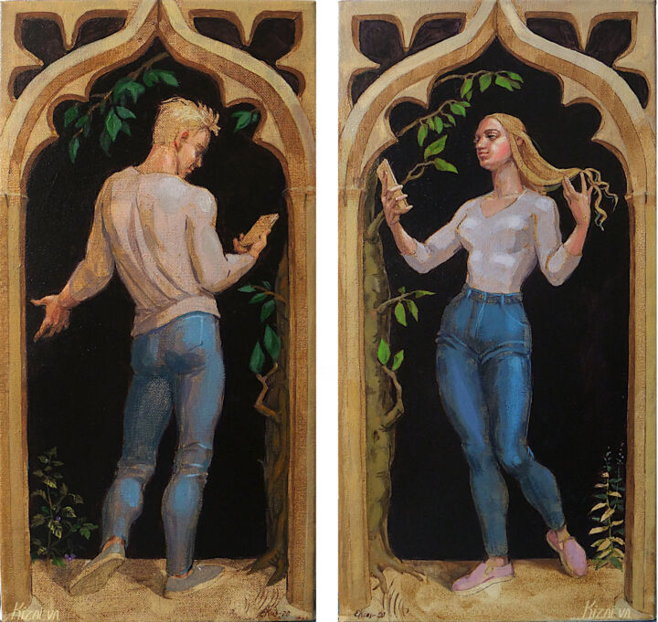 Malerei mit dem Titel ""Адам и Ева эпохи с…" von Elena Kizaeva, Original-Kunstwerk, Acryl