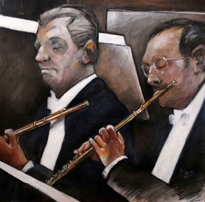 Schilderij getiteld "Flutes" door Kizou Dumas, Origineel Kunstwerk, Olie Gemonteerd op Houten paneel