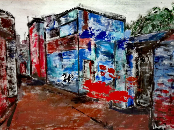 Schilderij getiteld "ghetto" door Kjelt V. Kampen, Origineel Kunstwerk