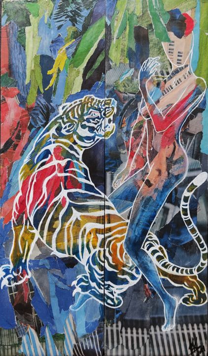 Collages intitolato ""Enfourchez le tigr…" da Karine Krynicki, Opera d'arte originale, Collages
