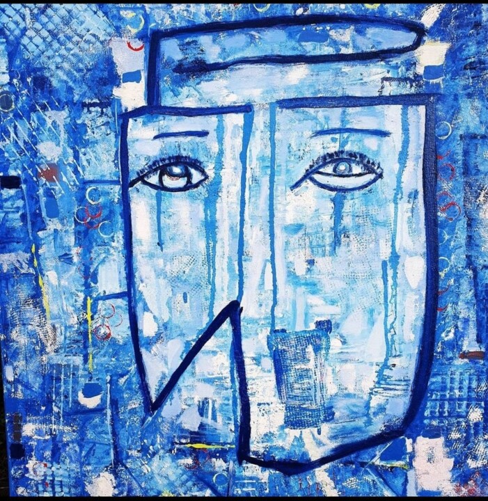 Schilderij getiteld "Blue" door Klaas Van Der Vies, Origineel Kunstwerk, Olie Gemonteerd op Frame voor houten brancard