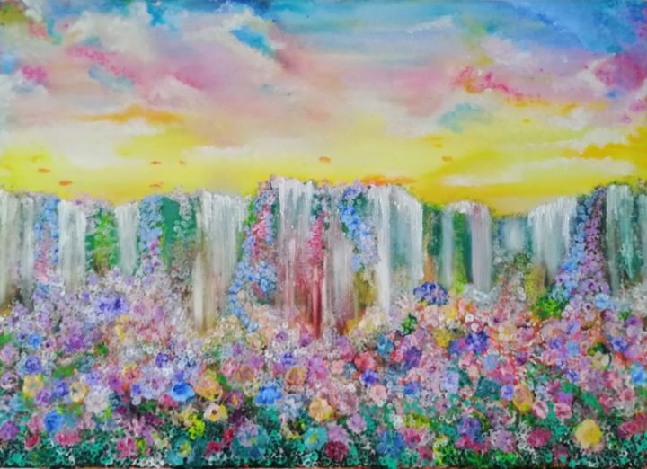 Painting titled "cascade de fleurs" by Kalhan-Inspiration, Original Artwork, Oil Mounted on Wood Stretcher frame