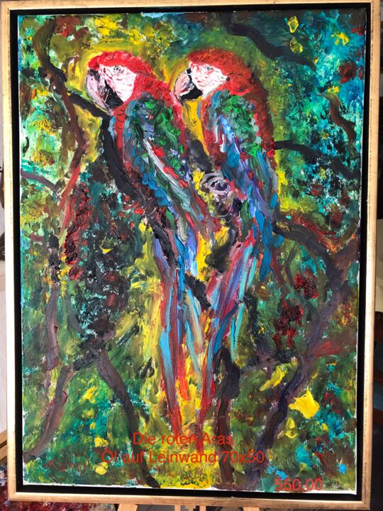 Malerei mit dem Titel "„Die roten Aras“" von Klaus Professor Stoppel, Original-Kunstwerk, Öl