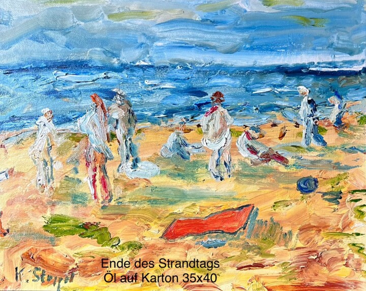 Malerei mit dem Titel "Ende des Strandtags" von Klaus Professor Stoppel, Original-Kunstwerk, Öl