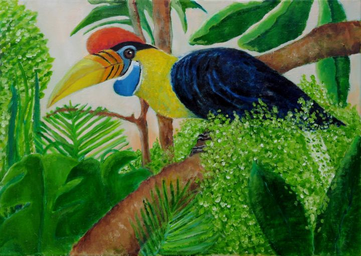 Schilderij getiteld "Sulawesi Jaarvogel" door Klazien De Vries, Origineel Kunstwerk