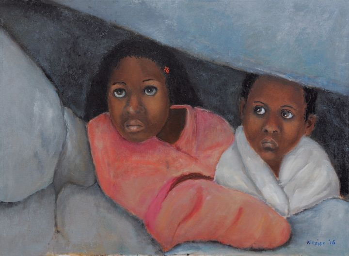 Painting titled "Frightened children…" by Klazien De Vries, Original Artwork, Oil