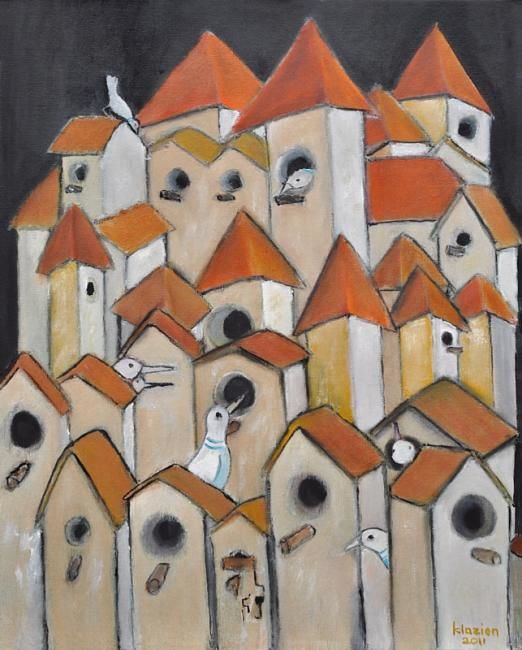 Painting titled "Birdtown" by Klazien De Vries, Original Artwork